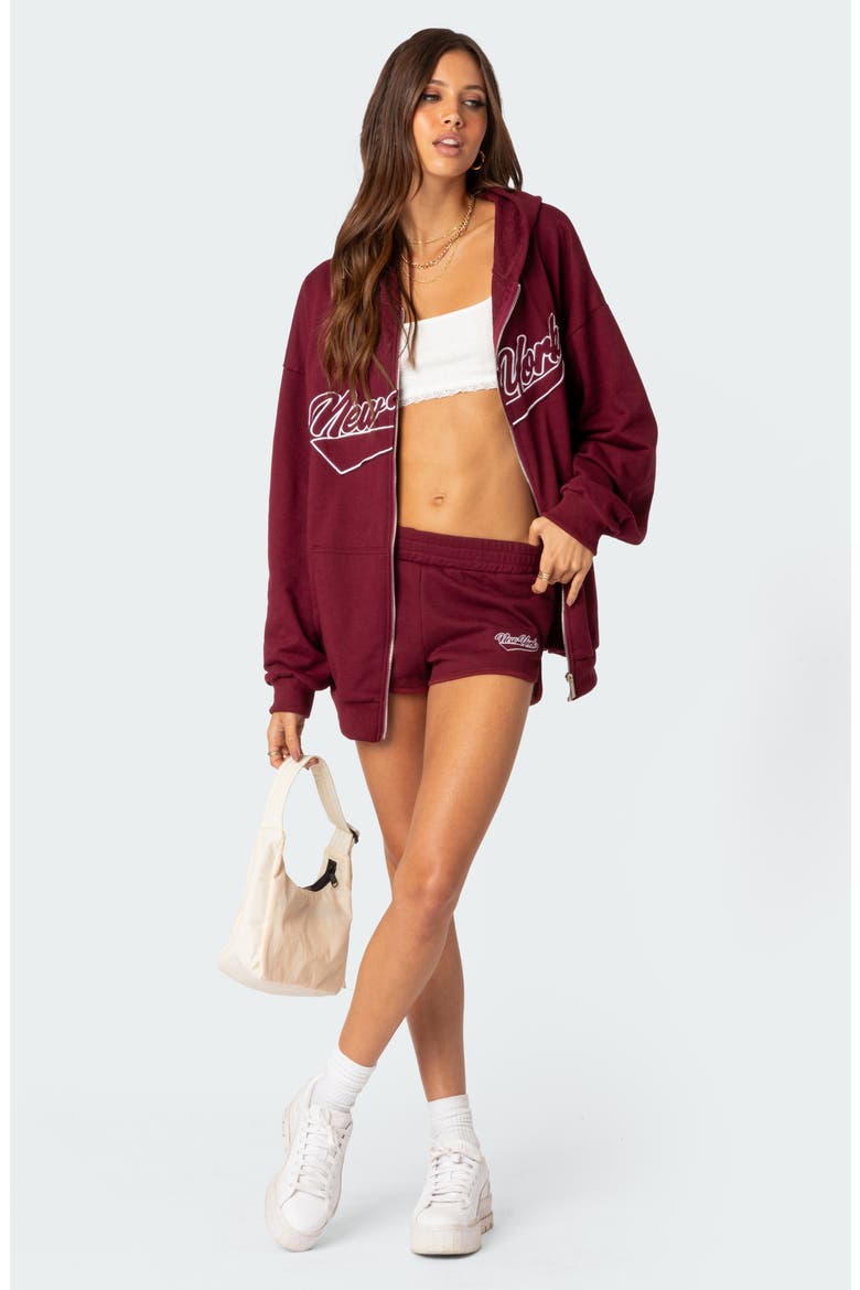 New York Oversize Front Zip Cotton Blend Hoodie, Alternate, color, BURGUNDY