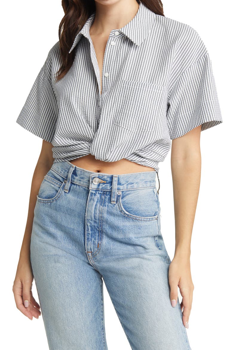 Oca Stripe Crop Top, Main, color, NAVY BLAZER STRIPES SNOW WHITE