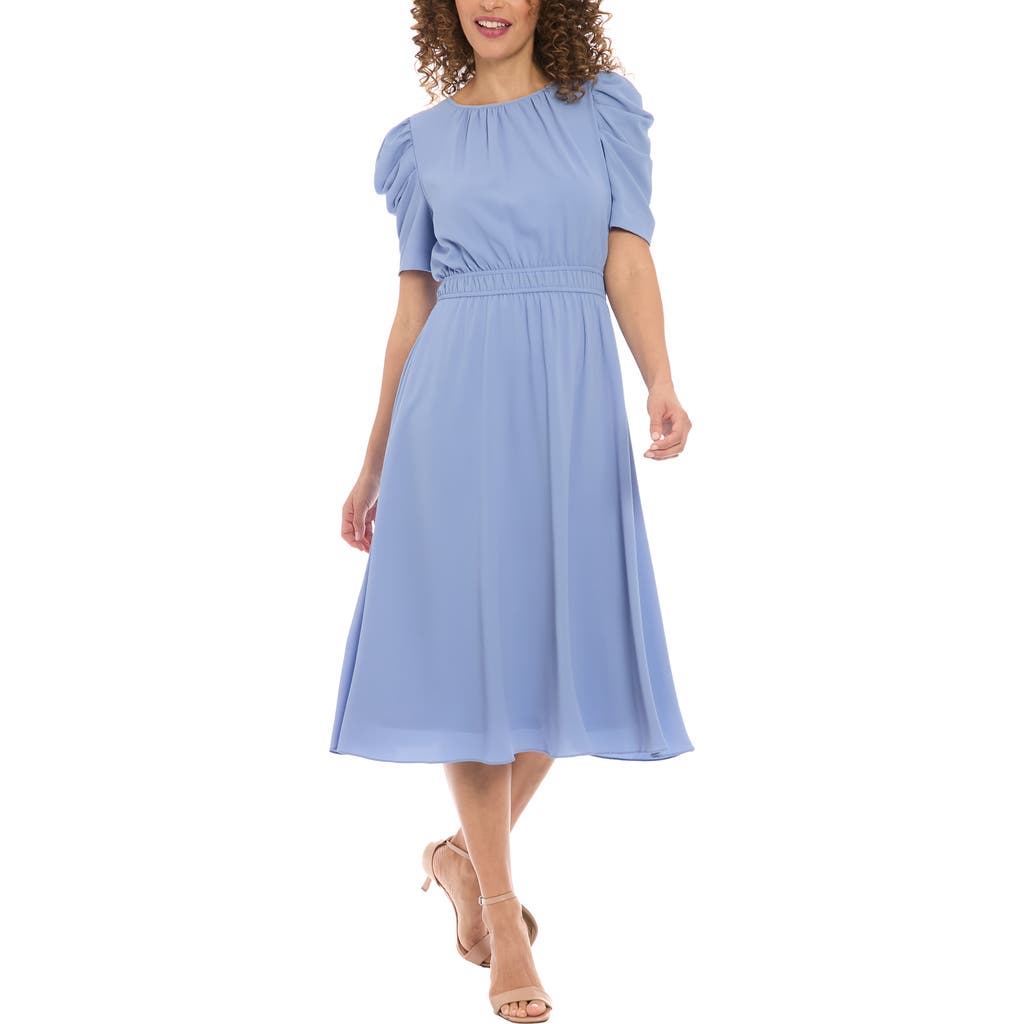 London Times Ruched Bubble Sleeve Midi Dress In Light Blue