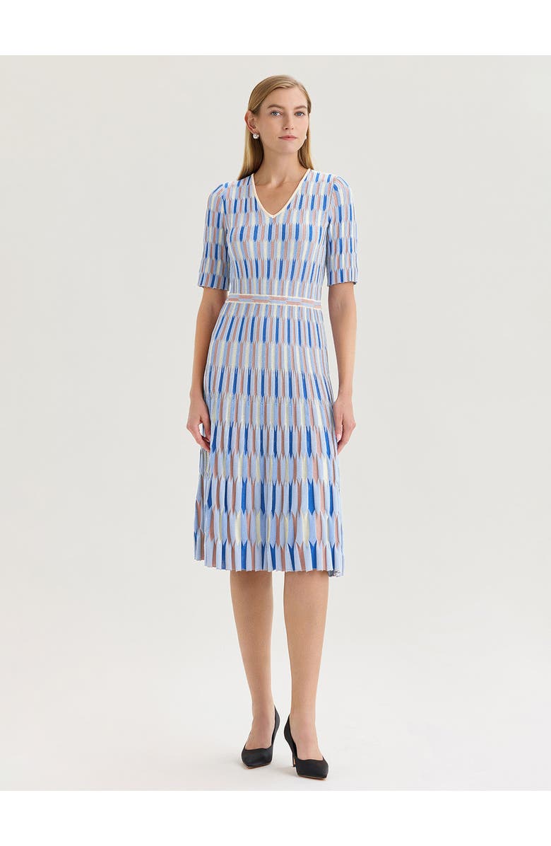 Misook Fit & Flare Geometric Soft Knit Midi Dress, Main, color, Biscotti/Aegean Blue