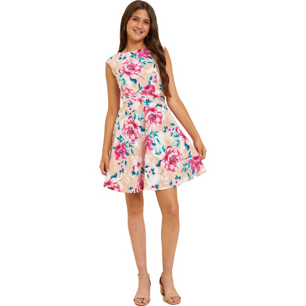 Un Deux Trois Girl's Textured Cap Sleeve Dress In Pink