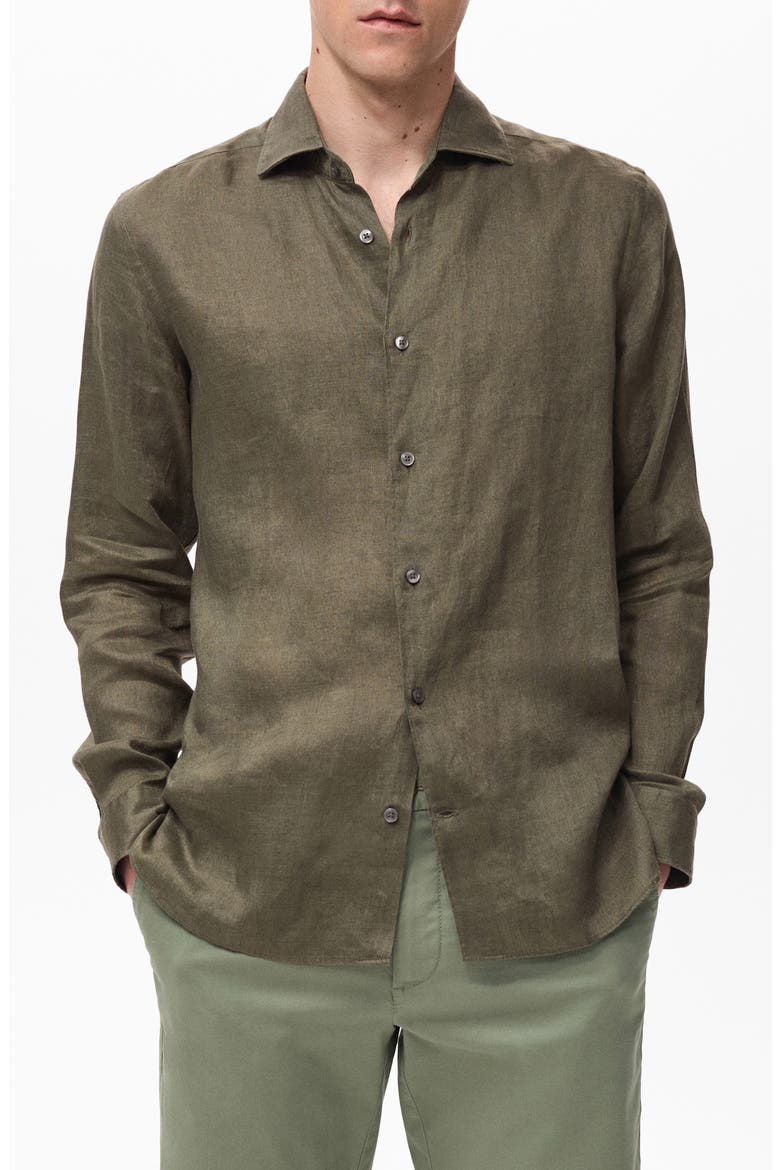 Slim Fit Linen Button-Up Shirt, Main, color, KHAKI GREEN