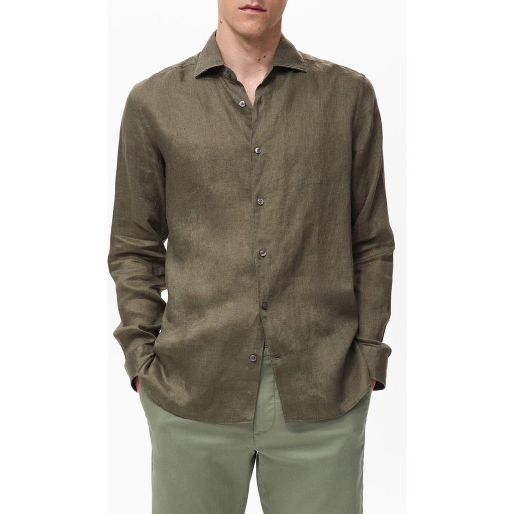 Mango Slim Fit Linen Button-up Shirt In Green