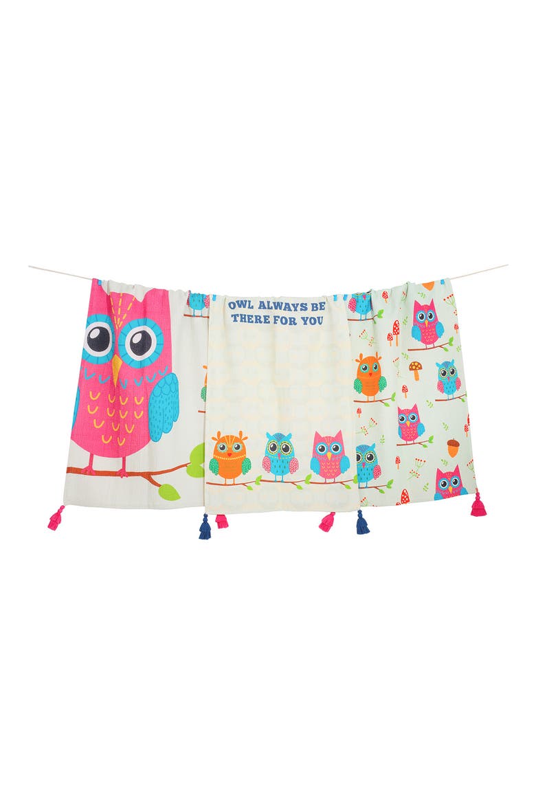 Owl Always Be There Set of 3 Kitchen Towels, Main, color, HOT PINK/ BLUE/ ORANGE