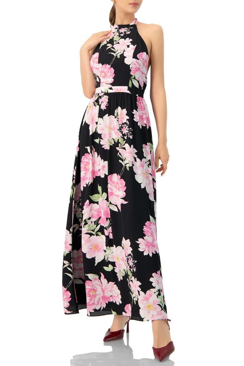 Floral Halter Neck Backless Maxi Dress, Main, color, Black