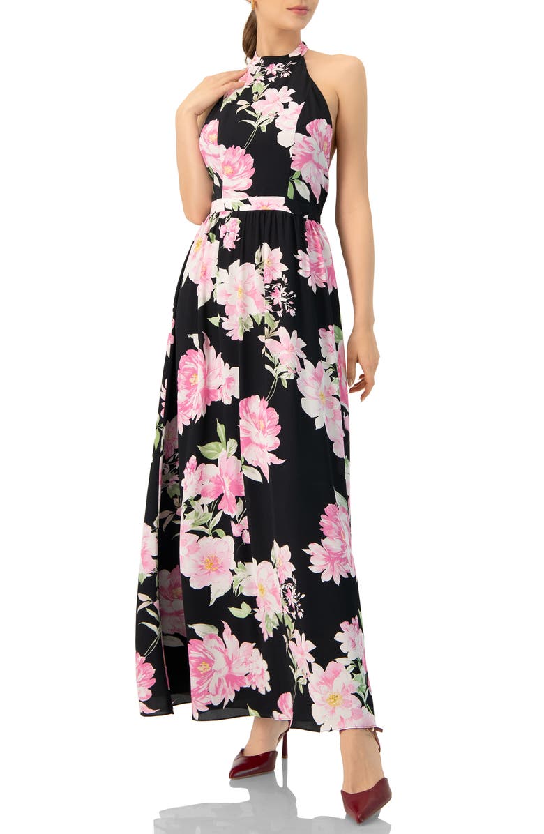 IVONNE Floral Halter Neck Backless Maxi Dress, Main, color, Black