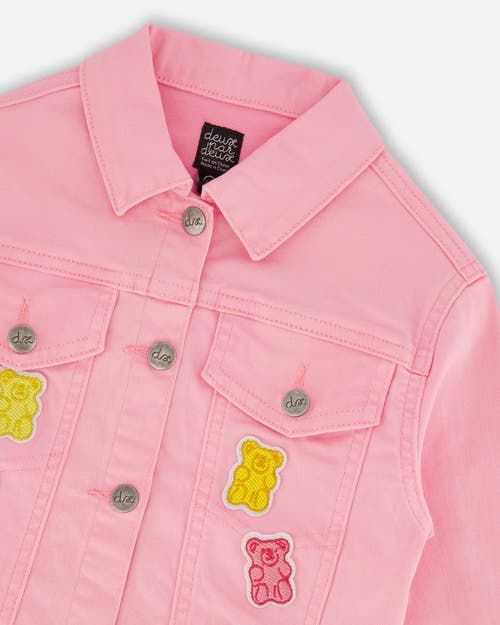 Deux Par Deux Girl's Jean Jacket With Embroidery Pink And Multicolored Gummies In Pink And Multicolored Gummies