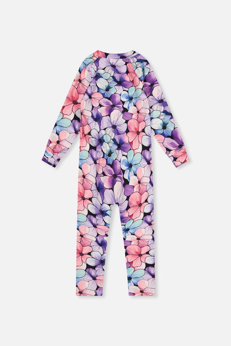 One Piece Floral Stretch Fleece Asymmetric Zip Thermal Underwear, Alternate, color, Purple Floral Print