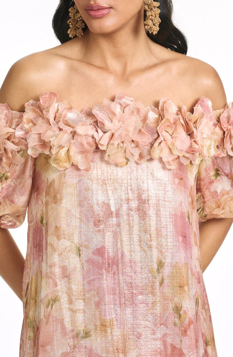 Sachin & Babi Valentina Metallic 3-D Floral Detail Off the Shoulder Gown, Alternate, color, Sunset Garden