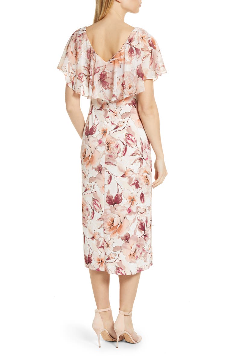 Connected Apparel Floral Print Ruffle Neck Midi Dress, Alternate, color, 
