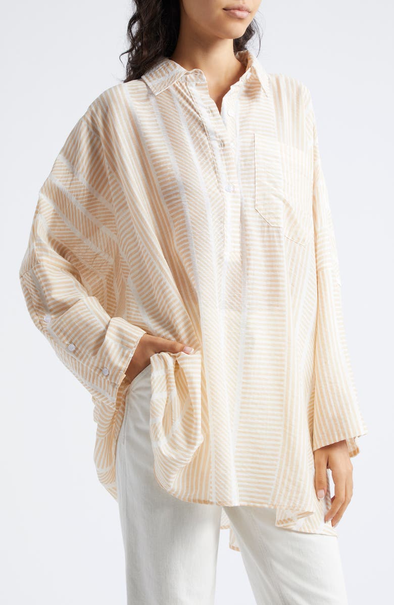 La Vie Style House Abstract Stripe Oversize Cotton Shirt, Alternate, color, Tan White