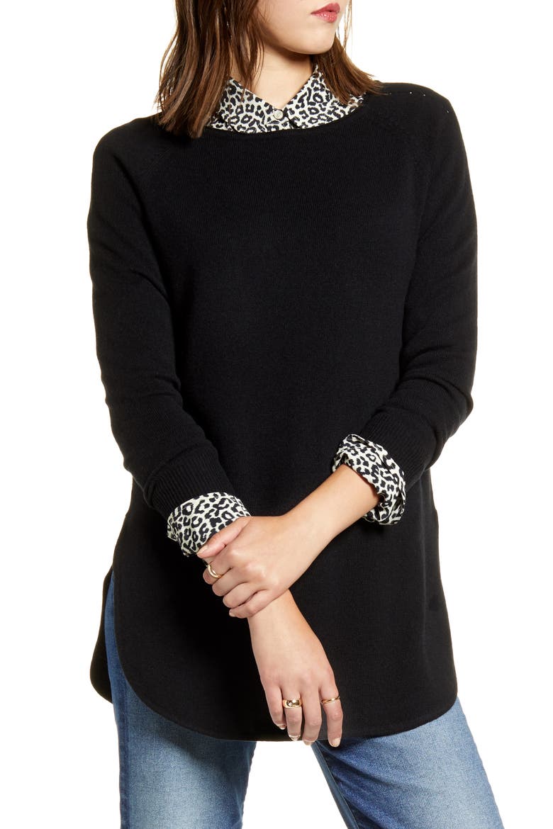 Shirttail Wool & Cashmere Boatneck Tunic, Main, color, BLACK