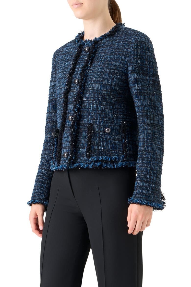 Fringed Mixed Tweed Jacket, Alternate, color, MEDIUM BLUE DENIM-BLACK
