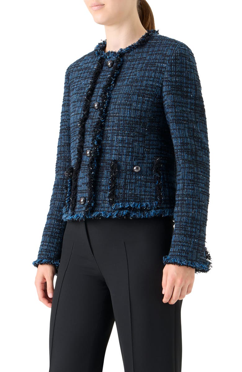 Akris punto Fringed Mixed Tweed Jacket, Alternate, color, Medium Blue Denim-Black
