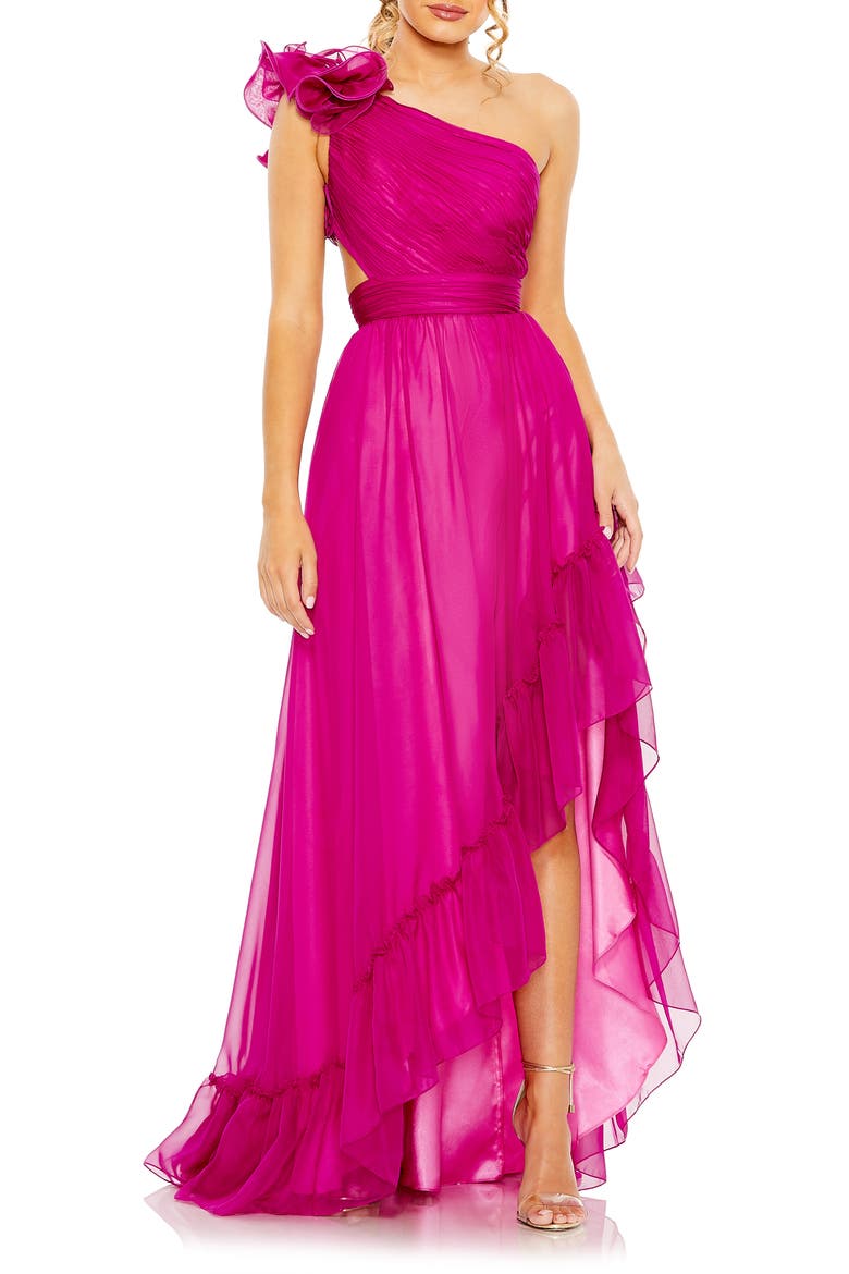 One-Shoulder Ruffle Asymmetric Gown, Main, color, MAGENTA