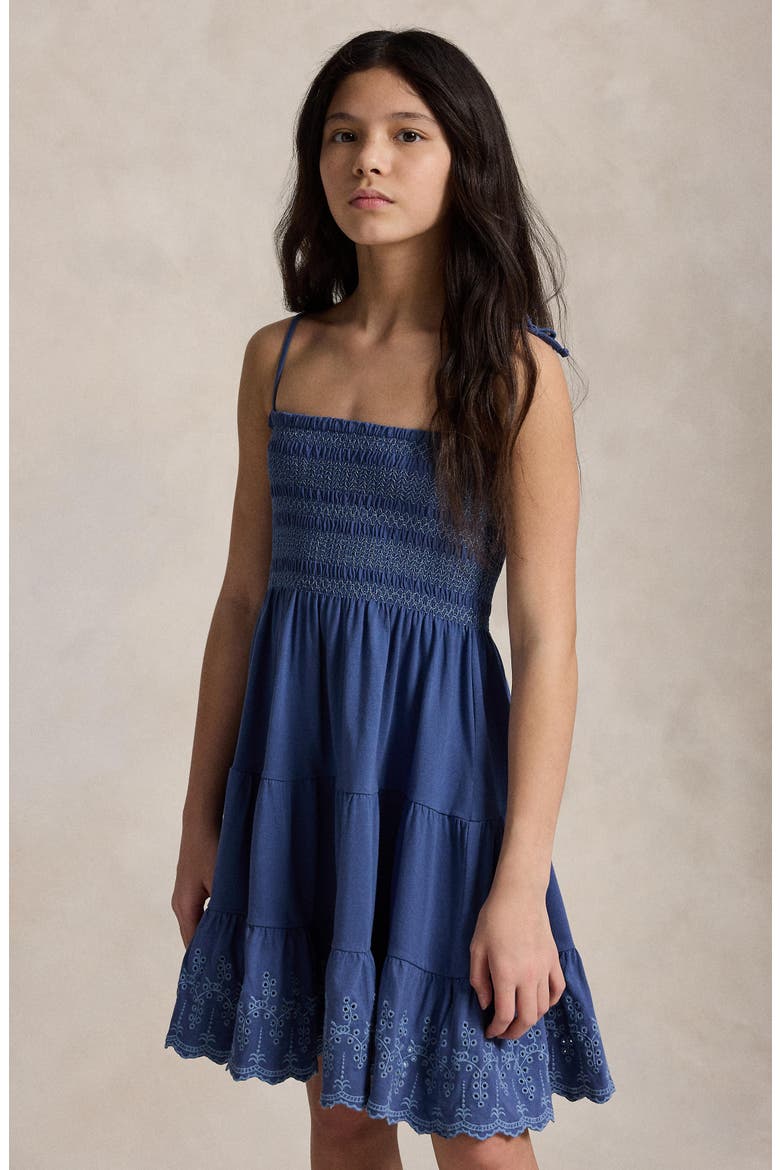 Kids' Smocked Bodice Tiered Cotton Jersey Sundress, Alternate, color, EARTH BLUE