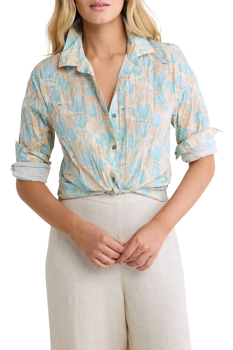 Shadow Floral Core Crinkle Cotton Button-Up Shirt, Main, color, AQUA MULTI