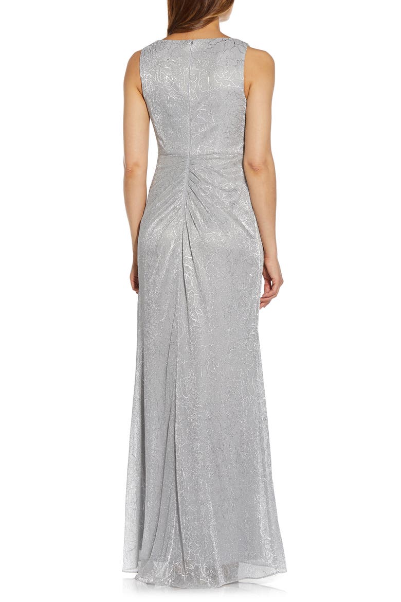 Metallic Floral Stencil Mesh Draped Gown, Alternate, color, SILVER