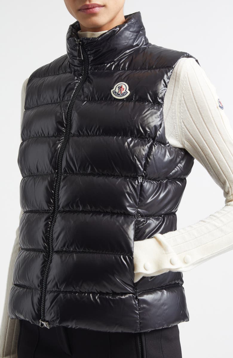 Moncler Ghany Nylon Laqué Down Puffer Vest, Alternate, color, Black