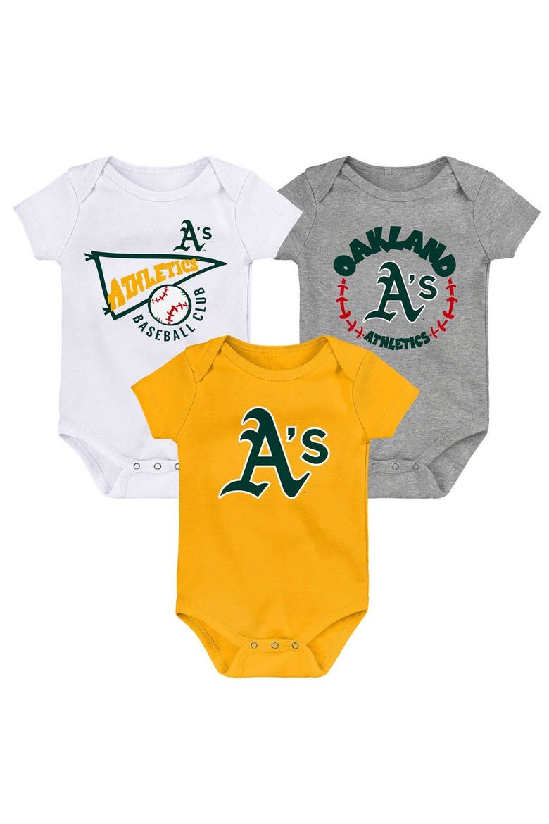 Infant Gold/White/Heather Gray Oakland Athletics Biggest Little Fan 3-Pack Bodysuit Set, Main, color, Gold