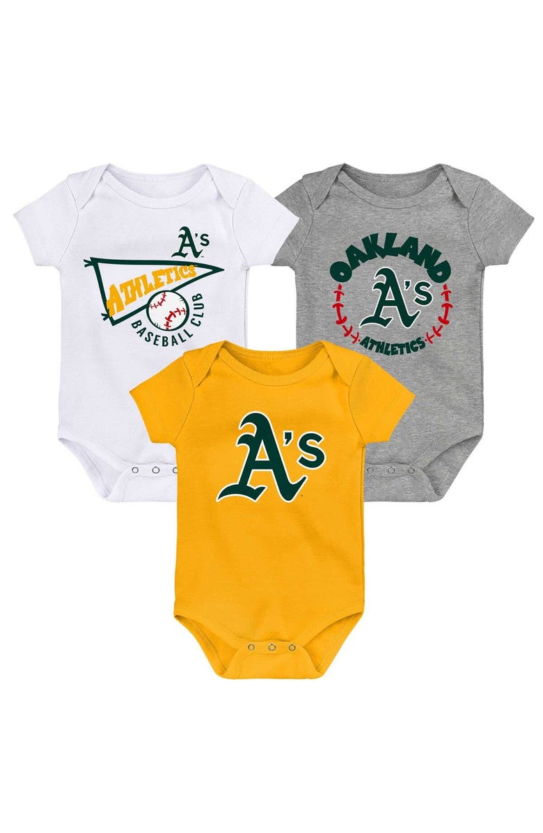 Outerstuff Infant Gold/White/Heather Gray Oakland Athletics Biggest Little Fan 3-Pack Bodysuit Set, Main, color, Gold