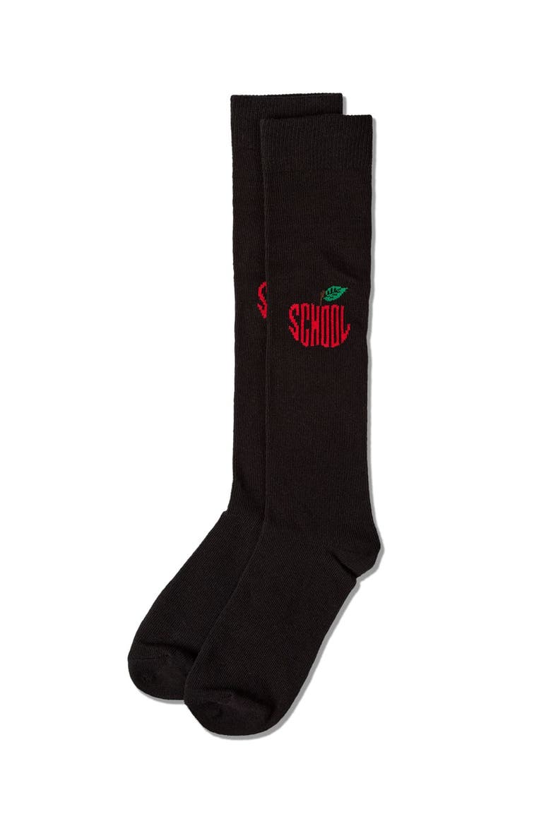 Ribbed School Apple Embroidered Knee Sock, Alternate, color, Black