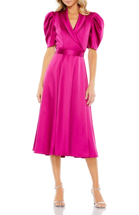 Satin Lapel Puff Sleeve Tea Length Dress