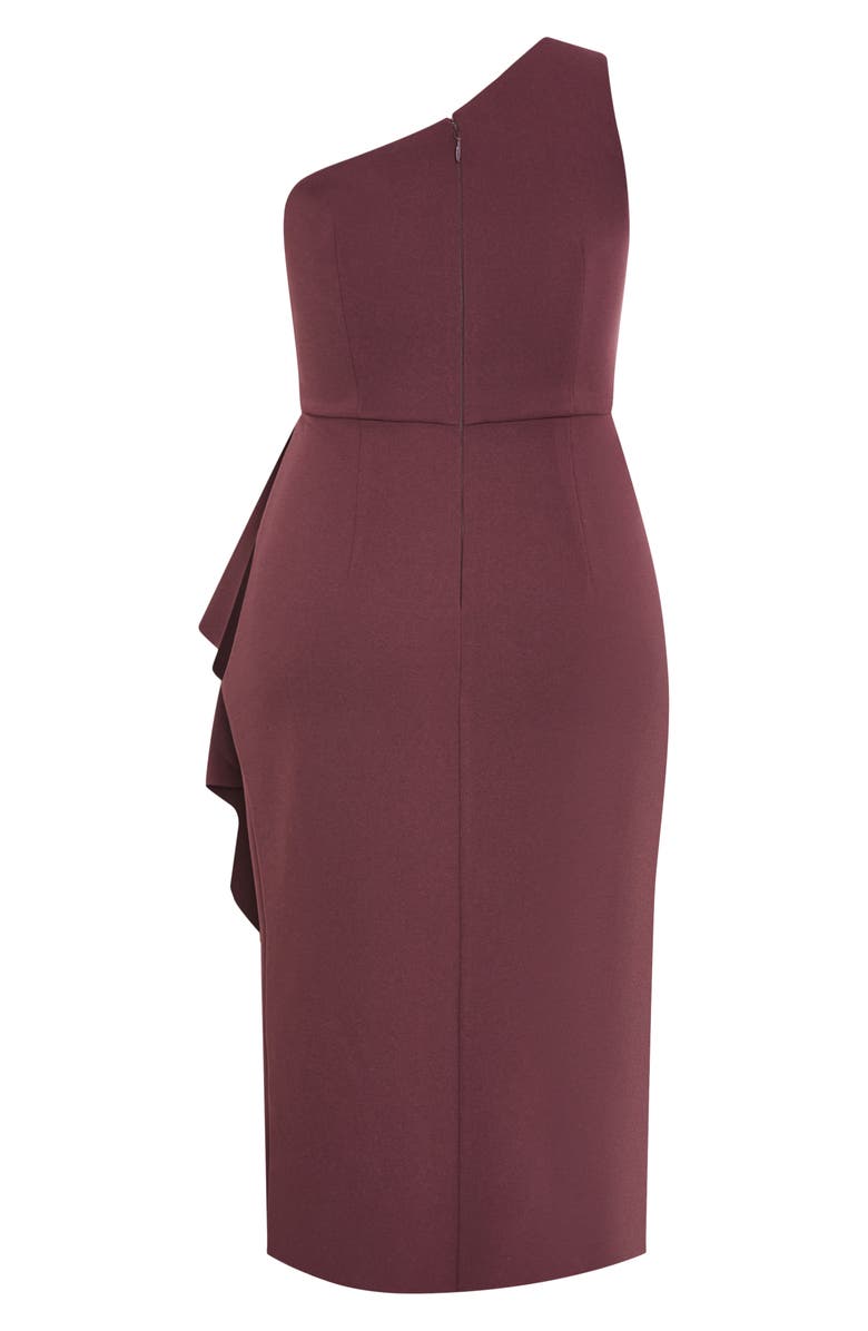 City Chic Priyanka Ruffle One-Shoulder Midi Dress, Alternate, color, Chocolate Cherry