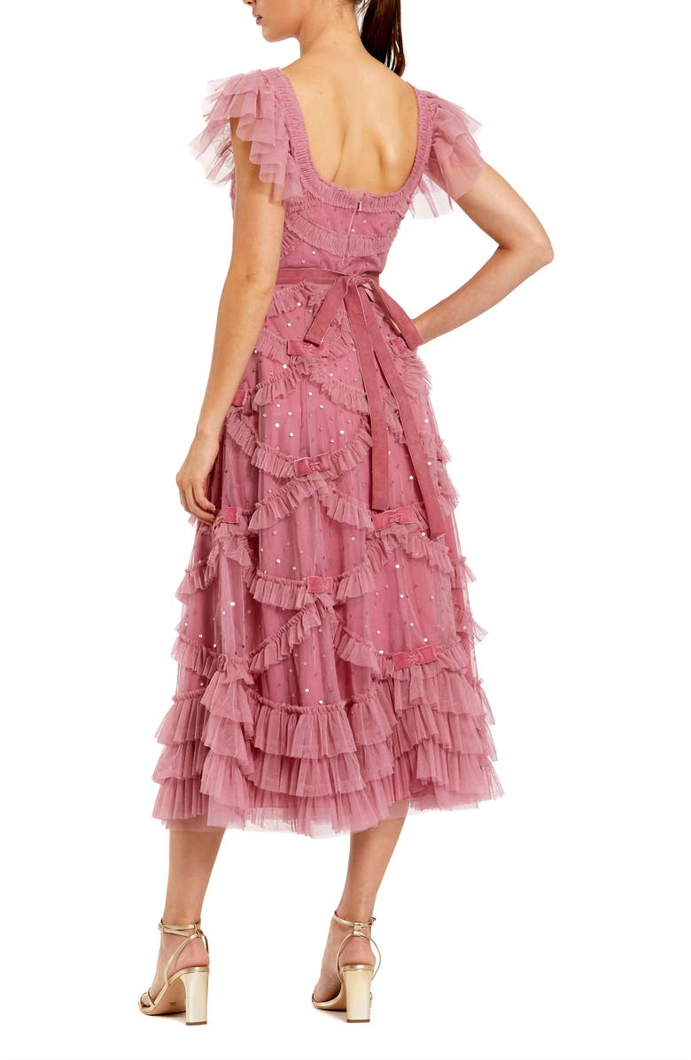 Mac Duggal Sequin Ruffle Net Dress with Velvet Bow & Flutter Sleeves, Alternate, color, Antique Rose