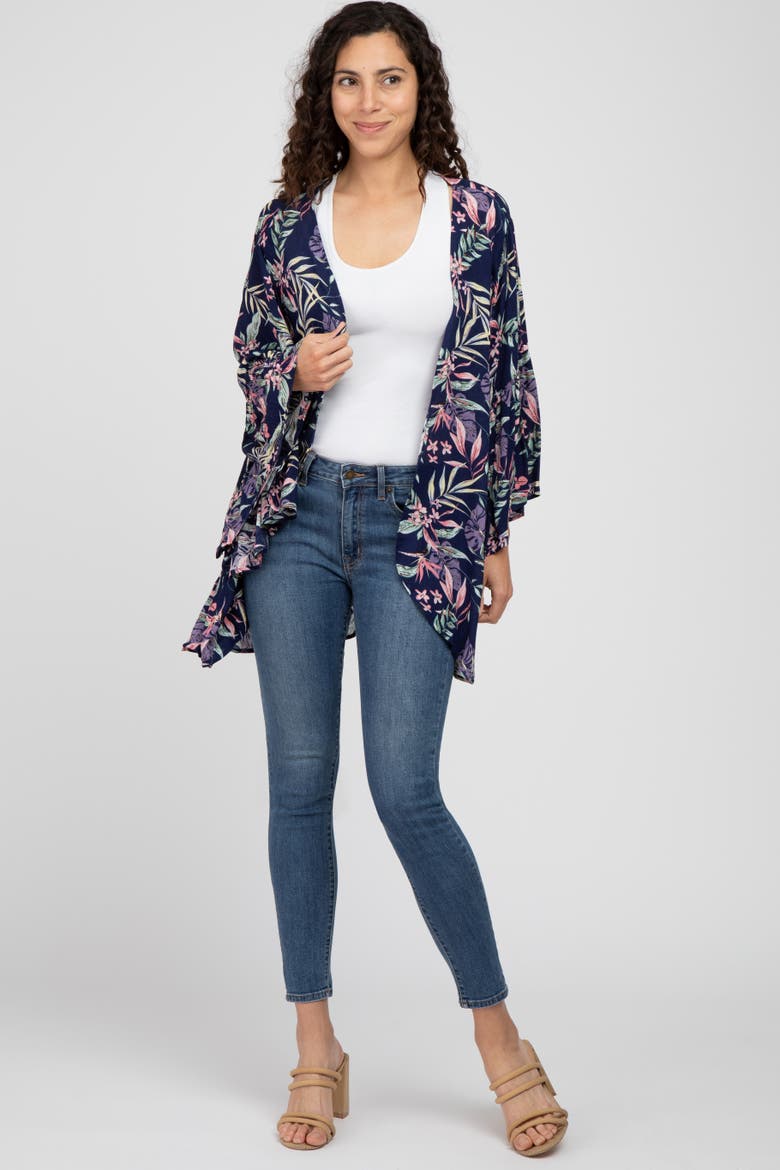Floral Bell Sleeve Cover Up, Alternate, color, Navy Blue