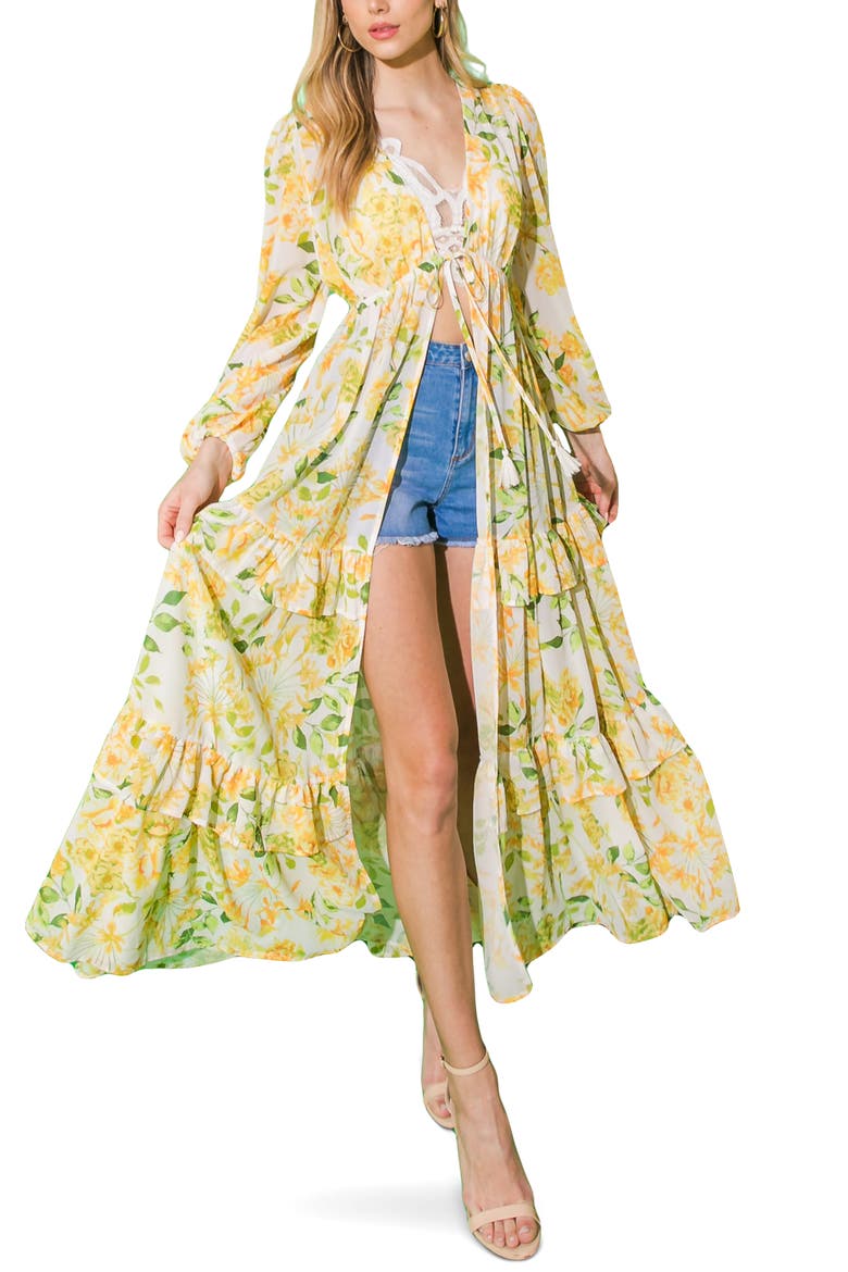 Floral Print Tiered Maxi Duster, Alternate, color, IVORY