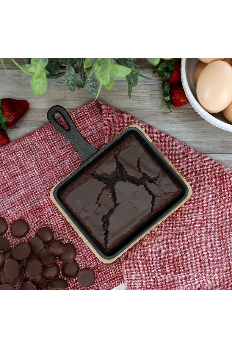Mini Cast Iron Square Pan with Wood Tray, Alternate, color, Black