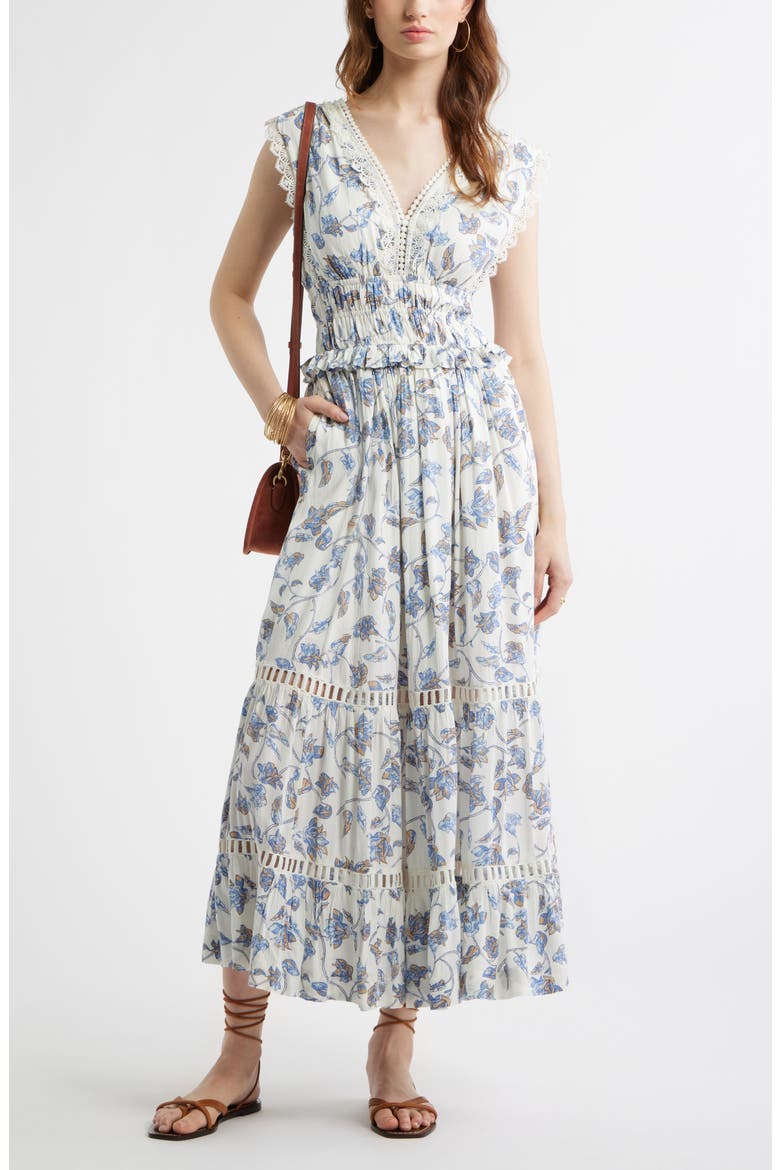 Floral Lace Trim Tiered Midi Dress, Alternate, color, IVORY- BLUE BOHO BLOOM