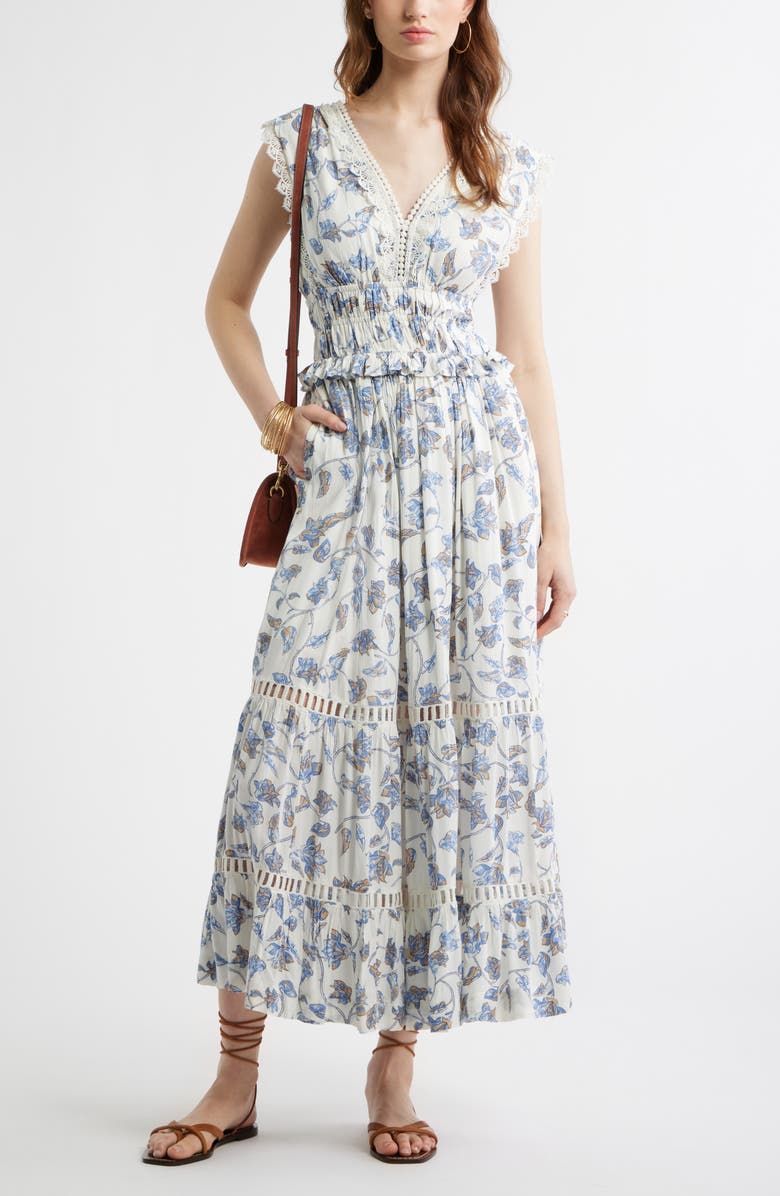 Treasure & Bond Floral Lace Trim Tiered Midi Dress, Alternate, color, Ivory- Blue Boho Bloom