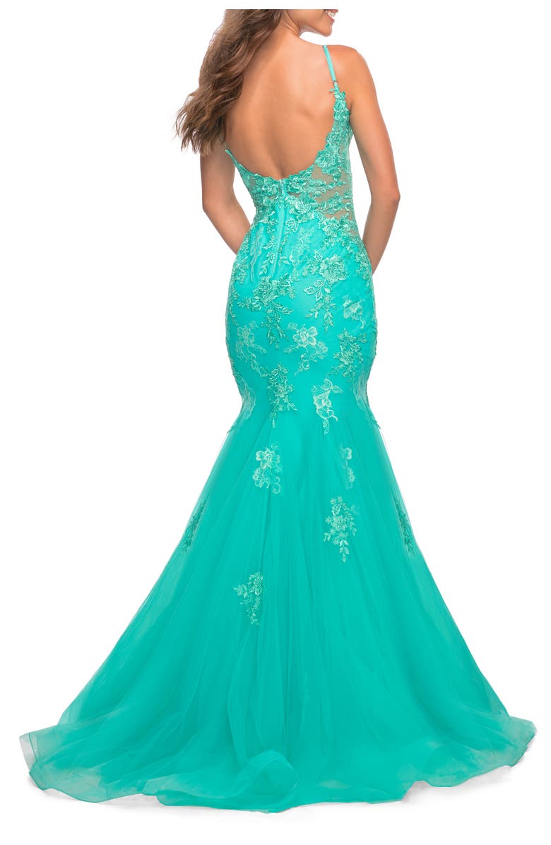 La Femme Tulle and Lace Mermaid Gown in Aqua, Alternate, color, Aqua