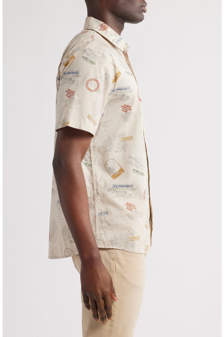 Shoreline National Park Print Short Sleeve Cotton Button-Up Shirt, Alternate, color, PARKS TAN