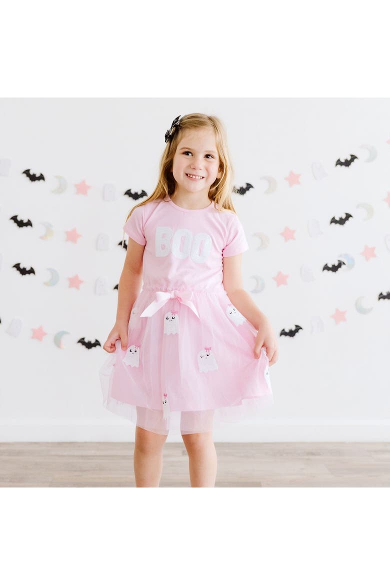 Boo Sequin Patch Halloween Short Sleeve Tutu Dress, Alternate, color, Soft Pink