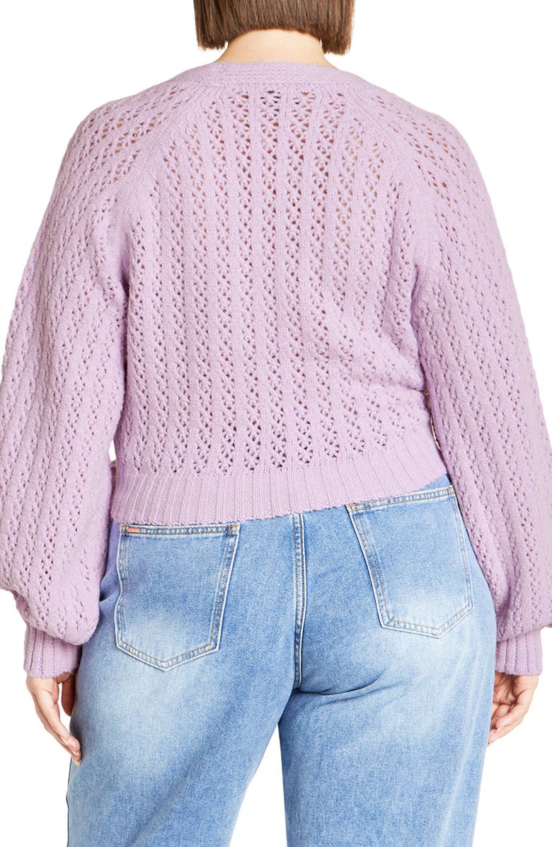 City Chic Vivienne Pointelle Wrap Cardigan Sweater, Alternate, color, Purple