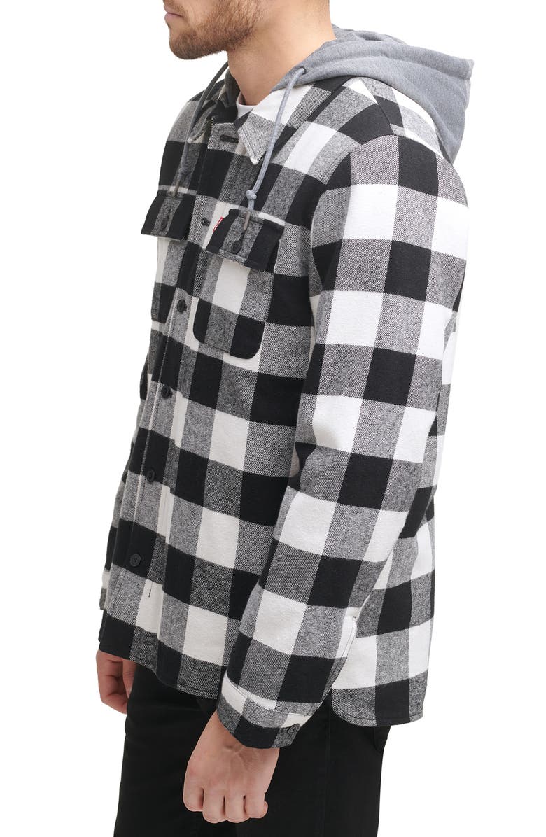 Levi's Plaid Faux Shearling Lined Jersey Hood Shirt Jacket, Alternate, color, Black/White Buffalo Check