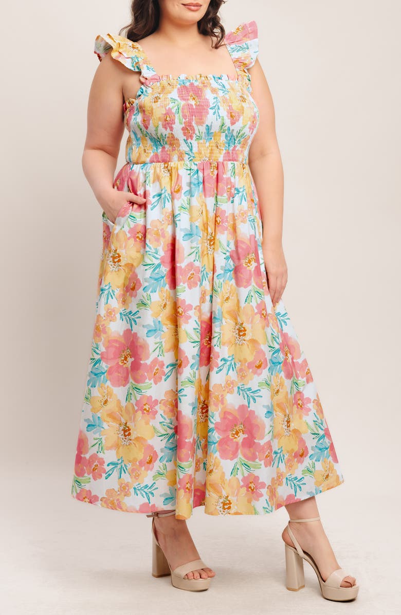 FLYING TOMATO Floral Ruffle Strap Cotton Fit & Flare Maxi Dress, Alternate, color, Multi Floral