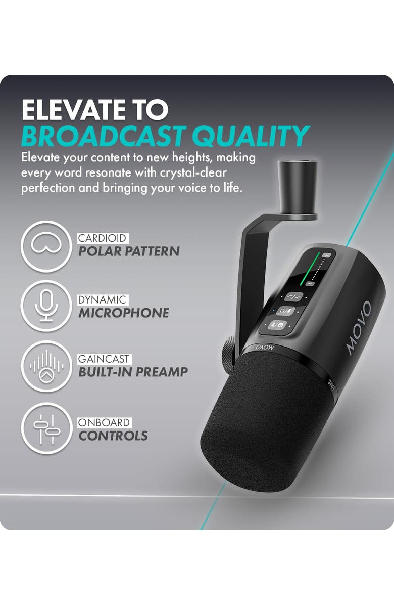 MOVO UM6 Dynamic Podcast Microphone with Built-in GainCast Preamp - XLR and USB C Outputs, Alternate, color, Black