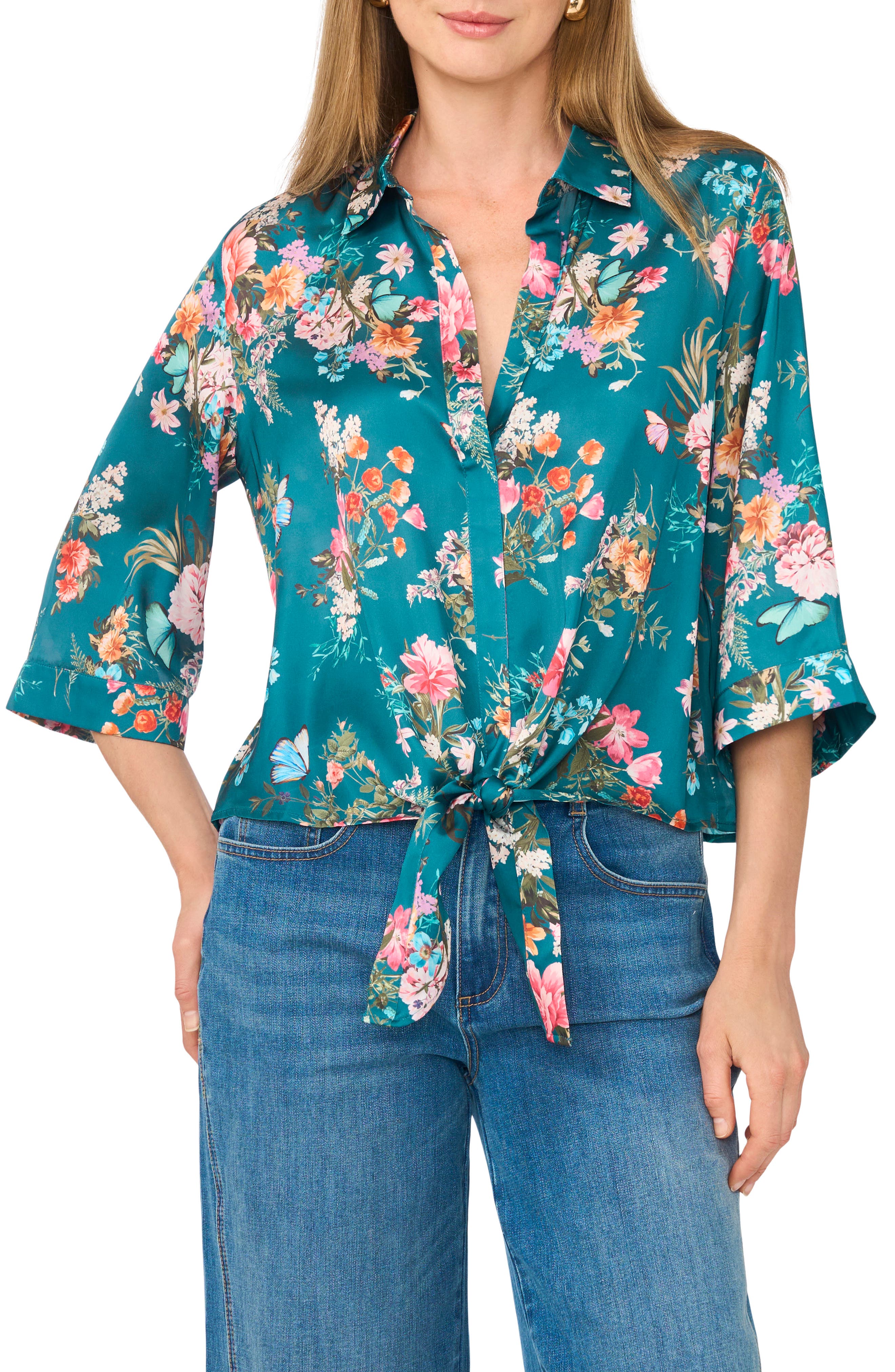 Floral Print Tie Front Blouse