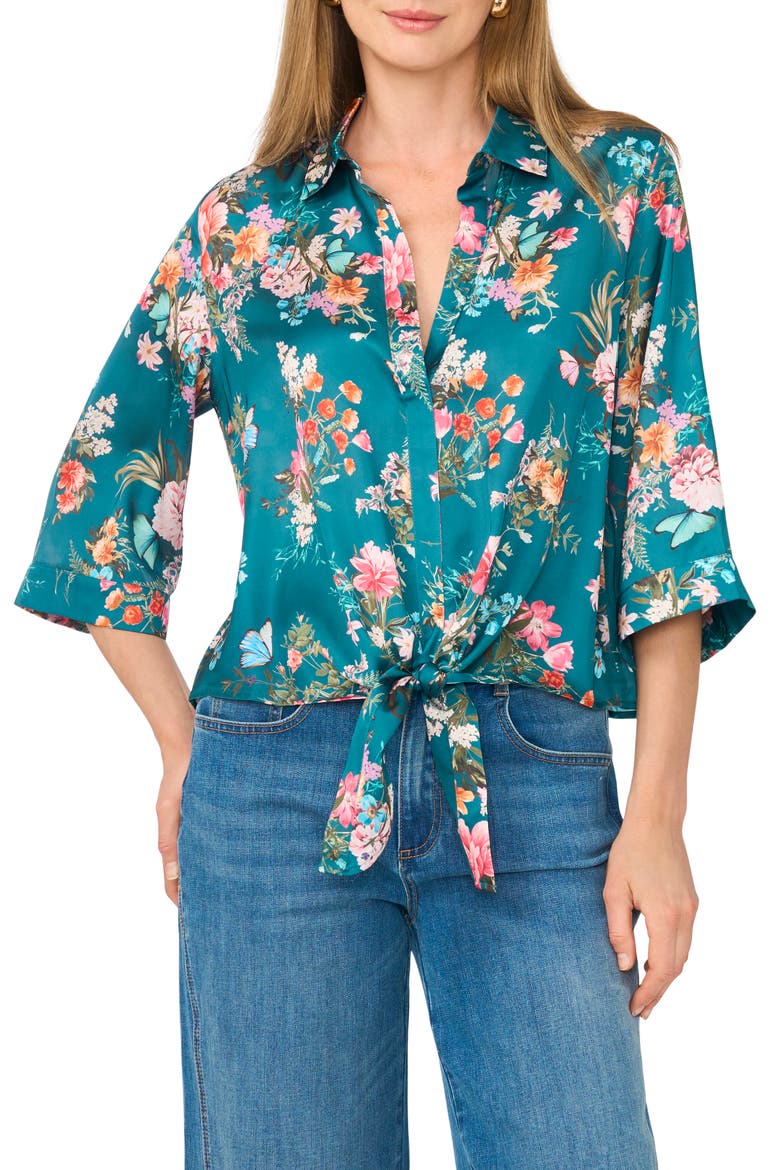 Floral Print Tie Front Blouse, Main, color, MEDITTERRANEAN