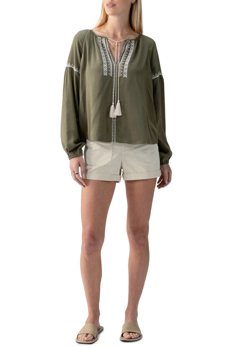 Embroidered Tie Neck Top, Alternate, color, BURNT OLIVE