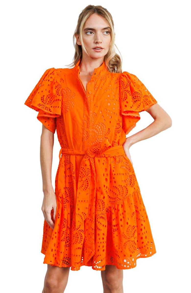 CIEBON Zenaida Eyelet Tie Waist Dress, Alternate, color, Orange