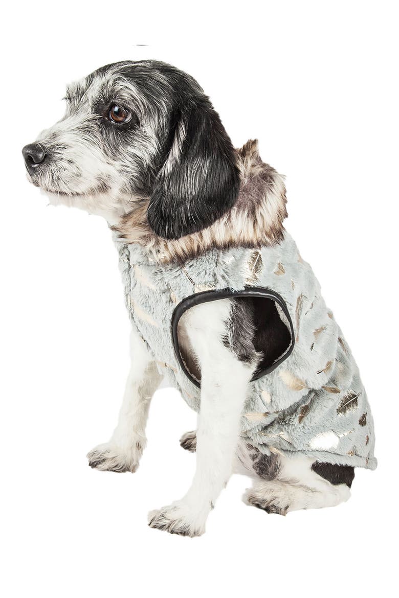 LUXE 'Gold Wagger' Gold-Leaf Designer Faux Fur Dog Coat, Alternate, color, GREY AND GOLD