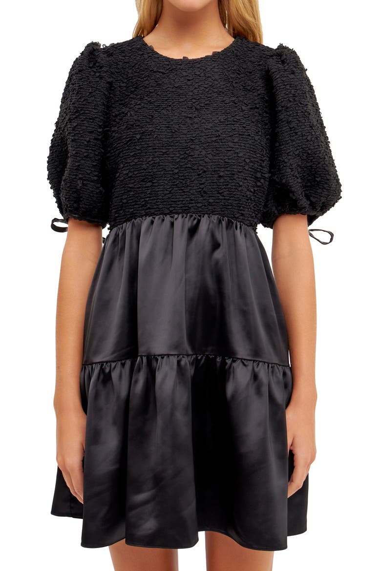 Satin Contrast Tweed Puff Sleeve Minidress, Alternate, color, BLACK
