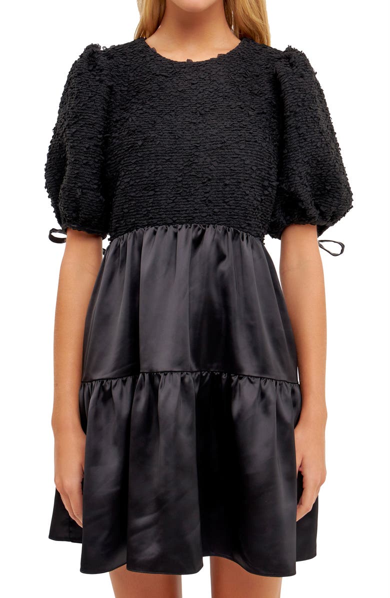 English Factory Satin Contrast Tweed Puff Sleeve Minidress, Alternate, color, 