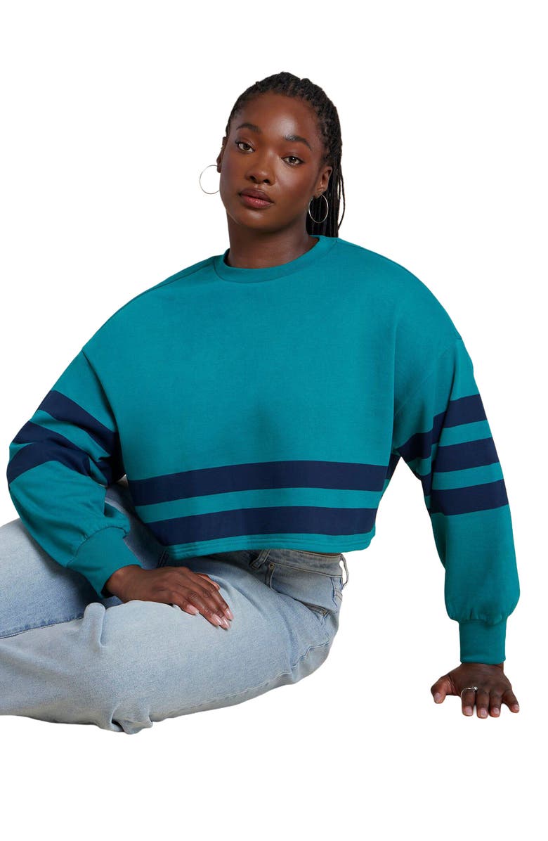 ELOQUII Boxy Cropped Sweatshirt, Main, color, Jungle Green Stripe