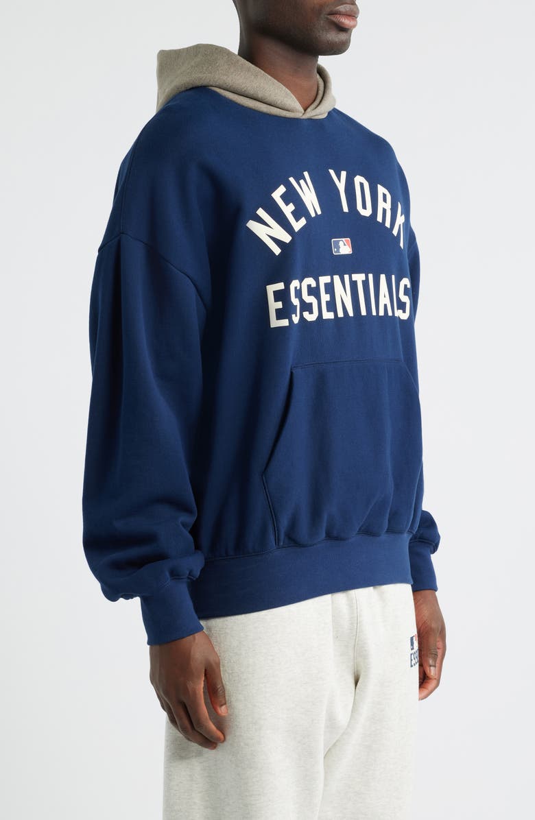 Fear of God Essentials x MLB Yankees Sport Fit Graphic Hoodie, Alternate, color, Navy/ Warm Heather